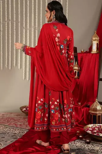 Floral Printed V-Neck Empire Anarkali Kurta with Trouser & Dupatta