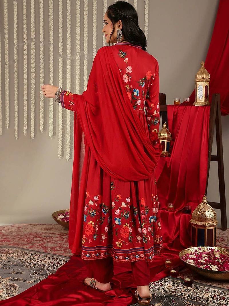 Floral Printed V-Neck Empire Anarkali Kurta with Trouser & Dupatta