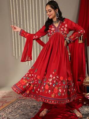 Floral Printed V-Neck Empire Anarkali Kurta with Trouser & Dupatta 7