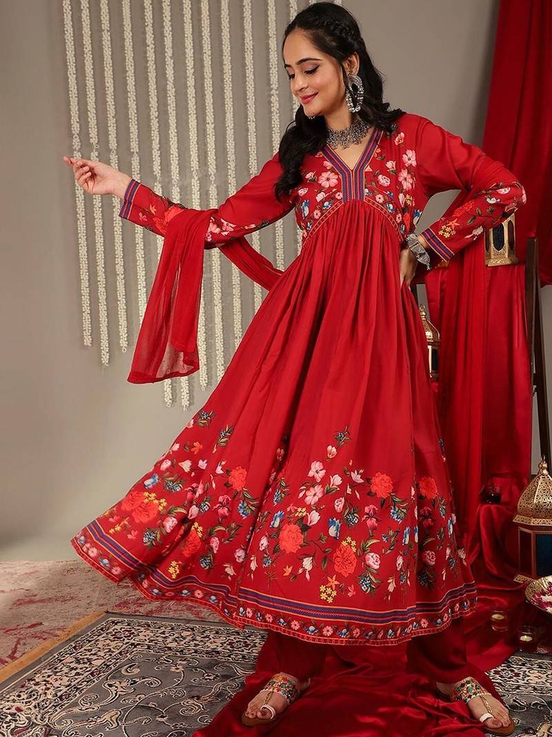 Floral Printed V-Neck Empire Anarkali Kurta with Trouser & Dupatta