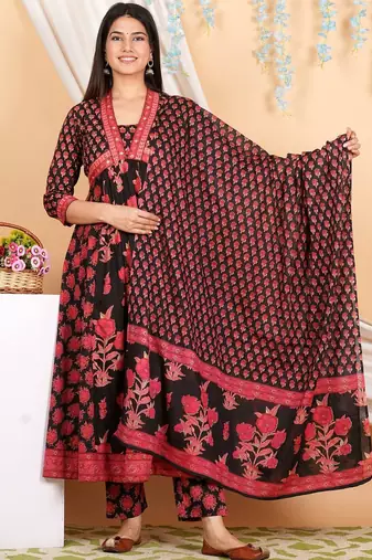 Floral Printed Empire Mirror Work Pure Cotton Kurta with Trousers & With Dupatta