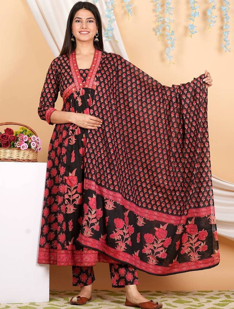 Floral Printed Empire Mirror Work Pure Cotton Kurta with Trousers & With Dupatta