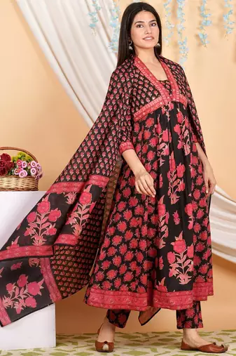 Floral Printed Empire Mirror Work Pure Cotton Kurta with Trousers & With Dupatta