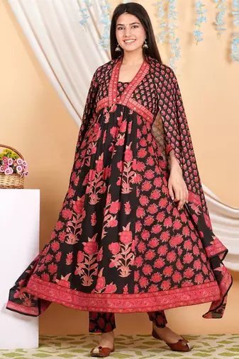 Floral Printed Empire Mirror Work Pure Cotton Kurta with Trousers & With Dupatta