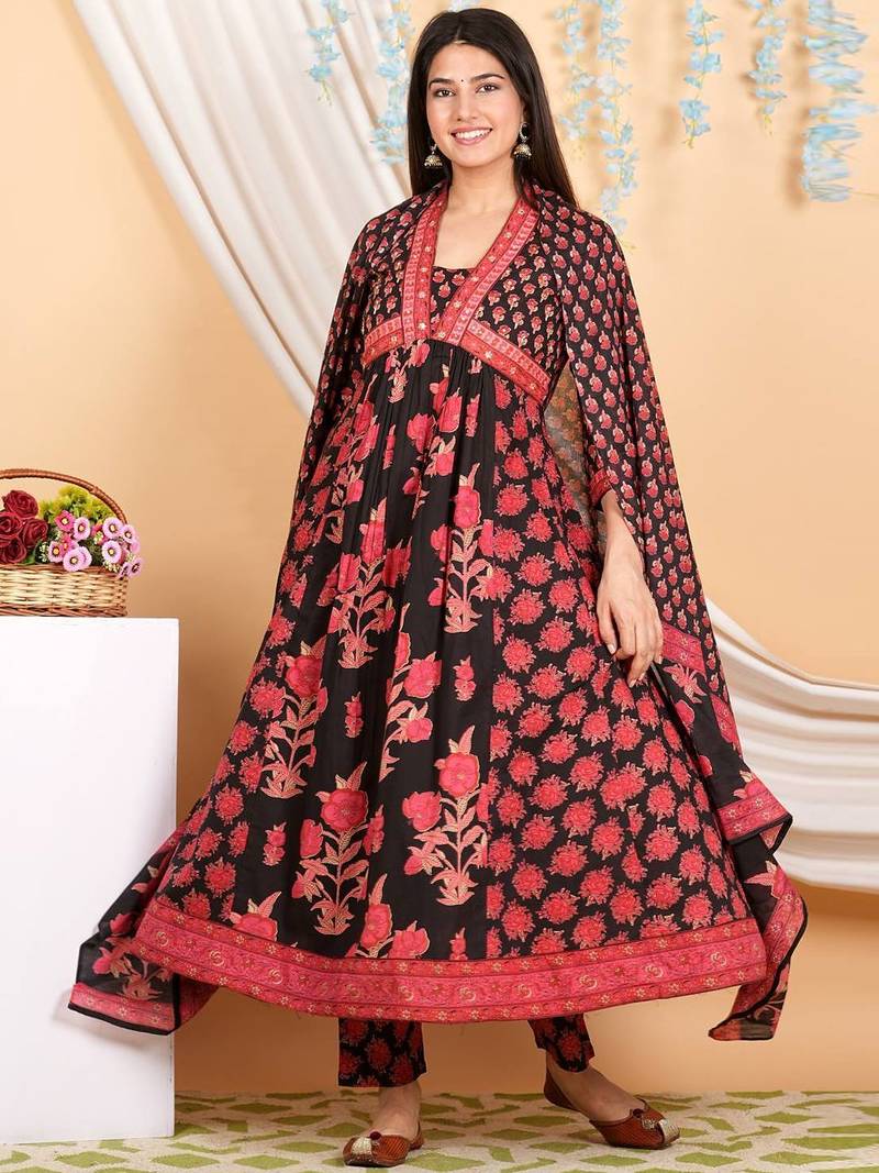 Floral Printed Empire Mirror Work Pure Cotton Kurta with Trousers & With Dupatta