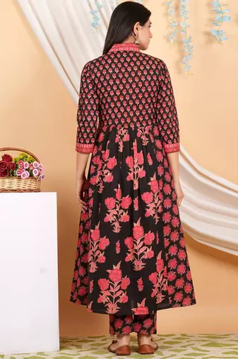 Floral Printed Empire Mirror Work Pure Cotton Kurta with Trousers & With Dupatta