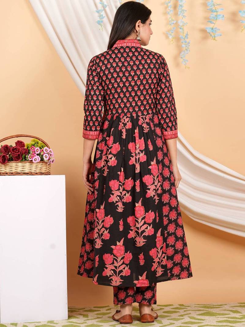 Floral Printed Empire Mirror Work Pure Cotton Kurta with Trousers & With Dupatta