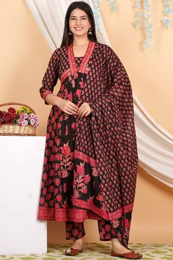 Floral Printed Empire Mirror Work Pure Cotton Kurta with Trousers & With Dupatta