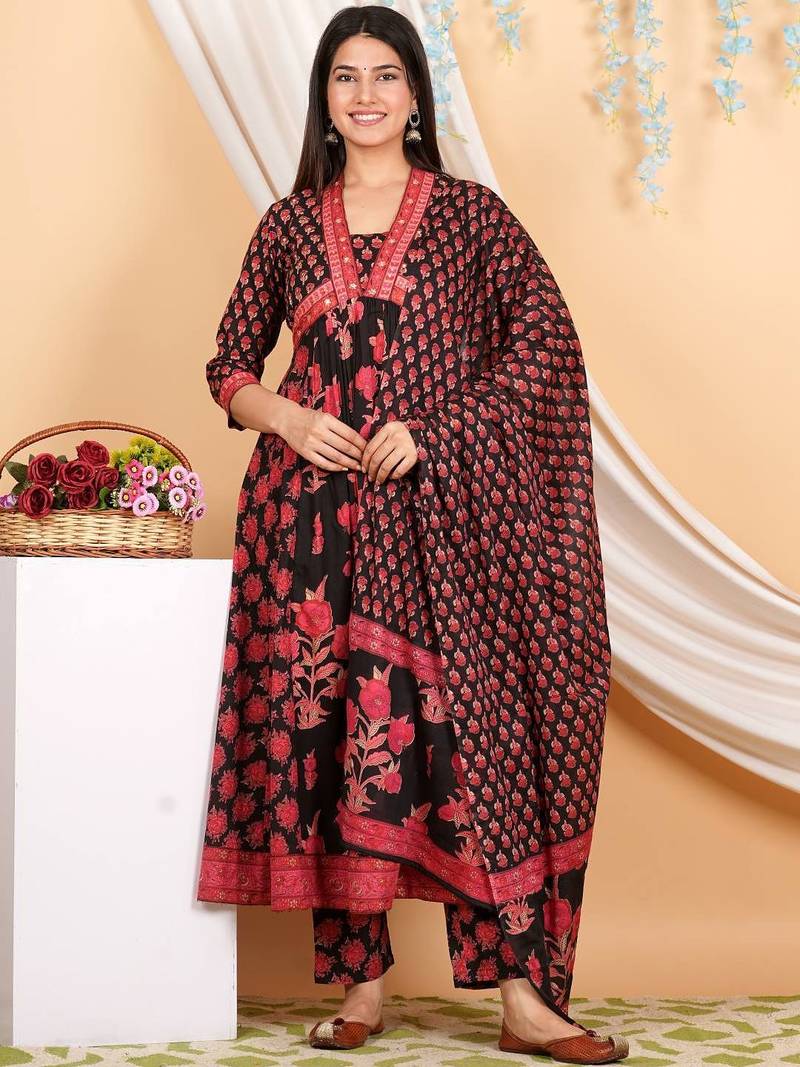 Floral Printed Empire Mirror Work Pure Cotton Kurta with Trousers & With Dupatta