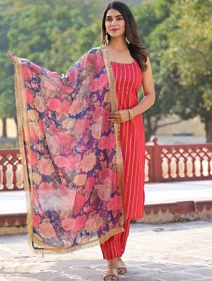 Women Striped Regular Pure Cotton Kurta with Trousers & With Dupatta 1