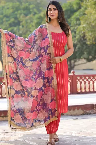 Women Striped Regular Pure Cotton Kurta with Trousers & With Dupatta
