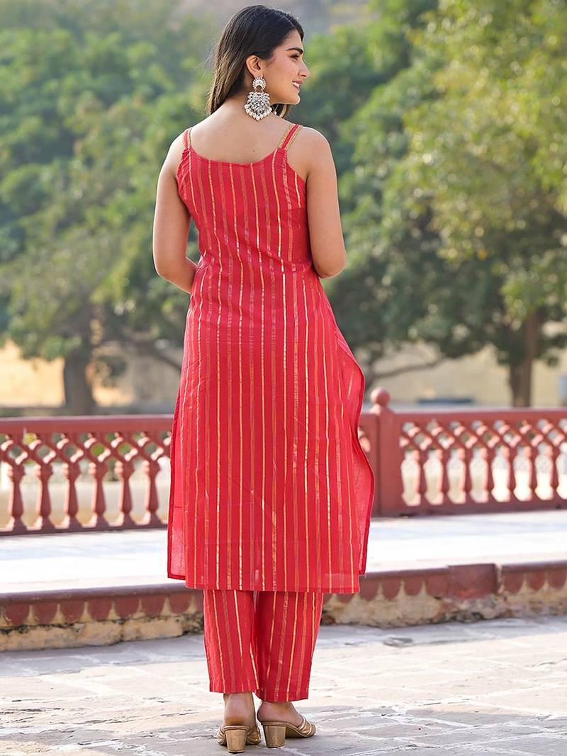 Women Striped Regular Pure Cotton Kurta with Trousers & With Dupatta