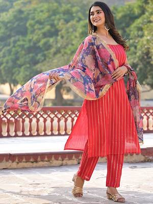 Women Striped Regular Pure Cotton Kurta with Trousers & With Dupatta 5