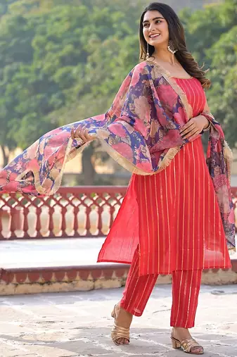 Women Striped Regular Pure Cotton Kurta with Trousers & With Dupatta