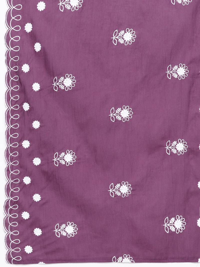 Floral Embroidered Thread Work Pure Cotton Kurta with Trousers & Dupatta