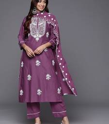 Floral Embroidered Thread Work Pure Cotton Kurta with Trousers & Dupatta