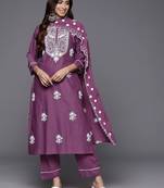 Floral Embroidered Thread Work Pure Cotton Kurta with Trousers & Dupatta