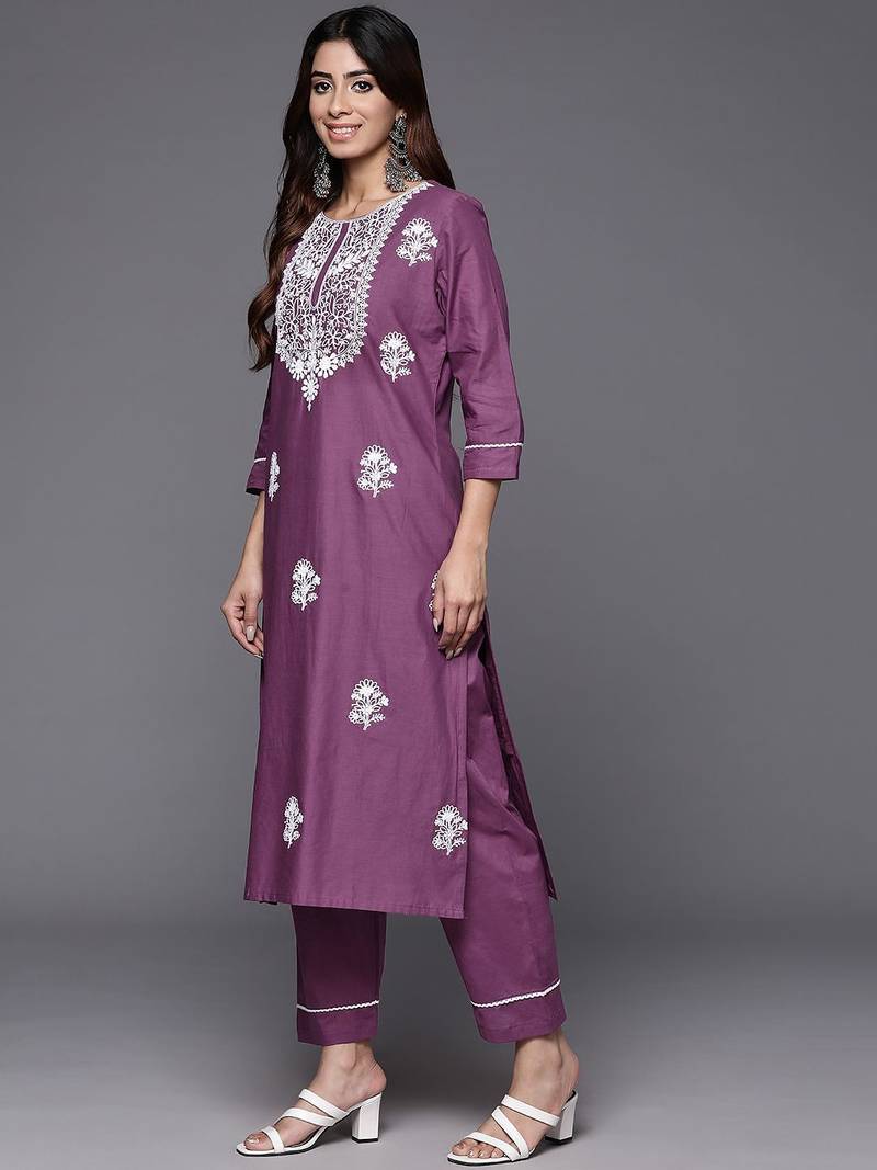 Floral Embroidered Thread Work Pure Cotton Kurta with Trousers & Dupatta
