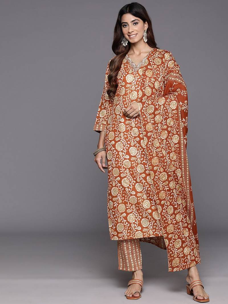 Women Floral Printed Regular Mirror Work Kurta with Trousers & With Dupatta