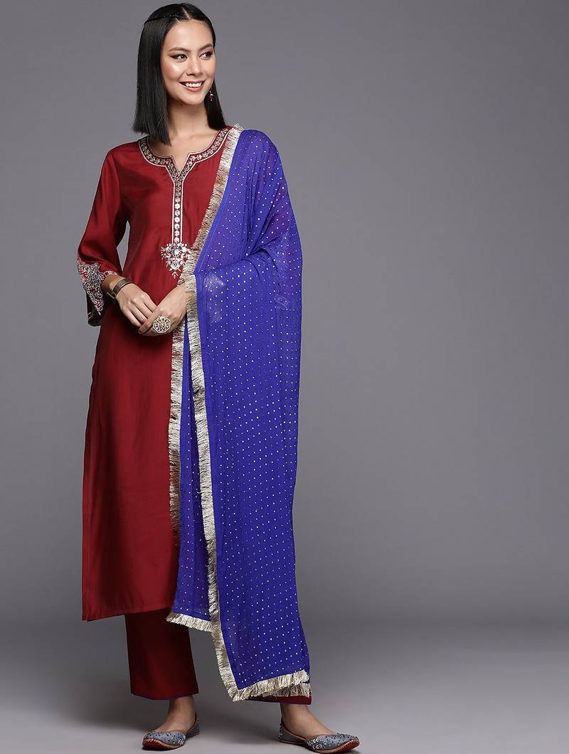 Women Floral Yoke Design Regular Sequinned Kurta with Trousers & Dupatta