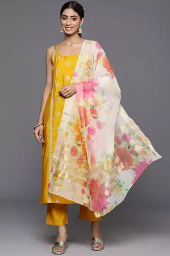 Ethnic Motifs Zari Embroidered Kurta with Trousers & Dupatta