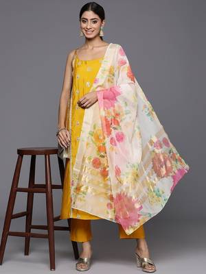 Ethnic Motifs Zari Embroidered Kurta with Trousers & Dupatta 7