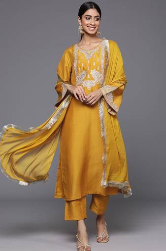 Floral Zari Embroidered Kurta with Trousers & Dupatta