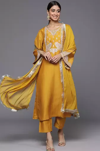 Floral Zari Embroidered Kurta with Trousers & Dupatta