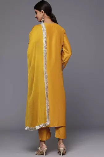 Floral Zari Embroidered Kurta with Trousers & Dupatta