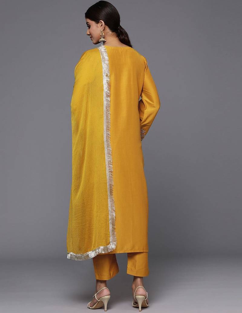 Floral Zari Embroidered Kurta with Trousers & Dupatta