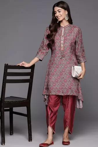 Women Printed Regular Sequinned Pure Silk Kurta with Trousers