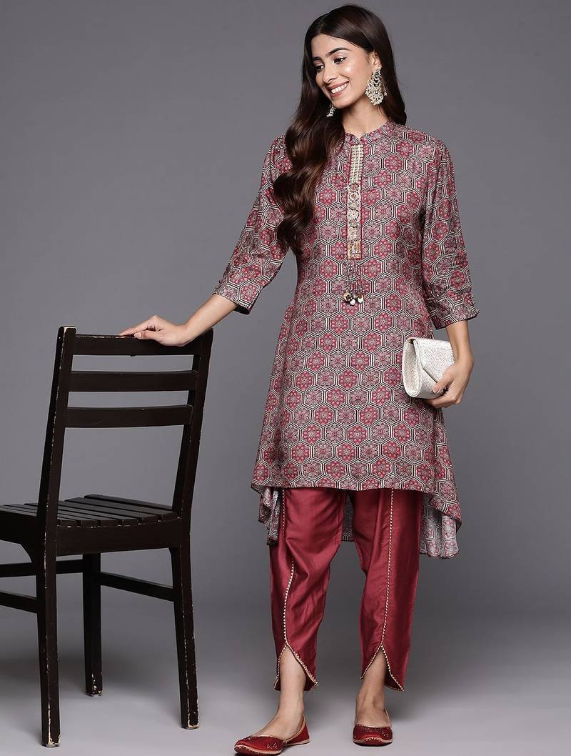 Women Printed Regular Sequinned Pure Silk Kurta with Trousers