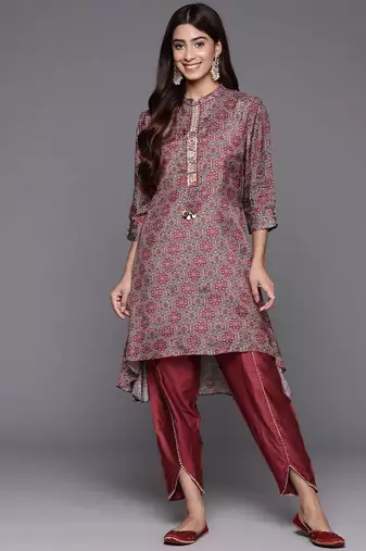 Women Printed Regular Sequinned Pure Silk Kurta with Trousers