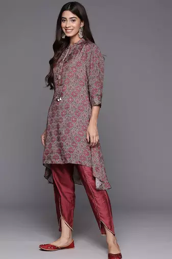 Women Printed Regular Sequinned Pure Silk Kurta with Trousers