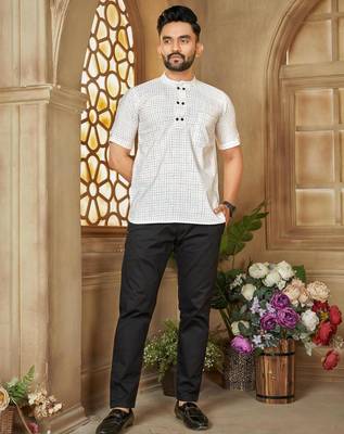 White color men's woven cotton short kurta 1