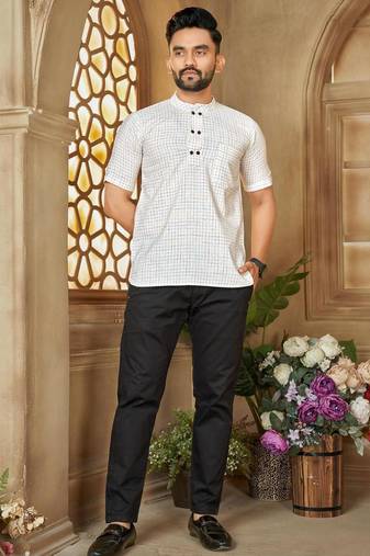 White color men's woven cotton short kurta