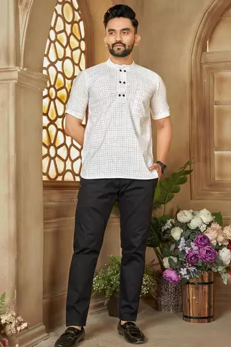 White color men's woven cotton short kurta