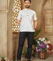 White color men's woven cotton short kurta