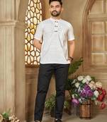 White color men's woven cotton short kurta