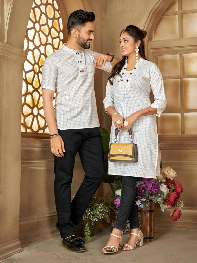 White color men's woven cotton short kurta