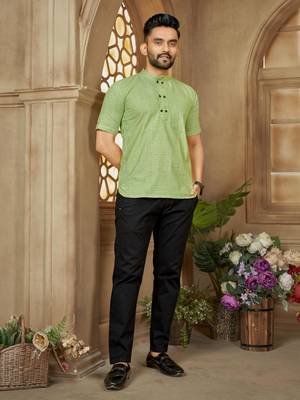 Green color men's woven cotton short kurta 1