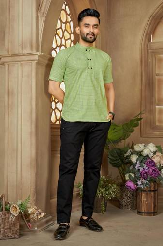 Green color men's woven cotton short kurta
