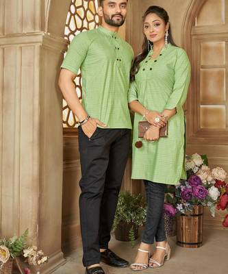 Green color men's woven cotton short kurta 2