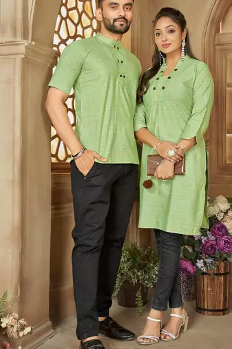 Green color men's woven cotton short kurta