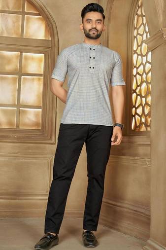 Blue color men's woven cotton short kurta