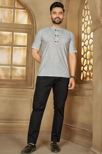 Blue color men's woven cotton short kurta