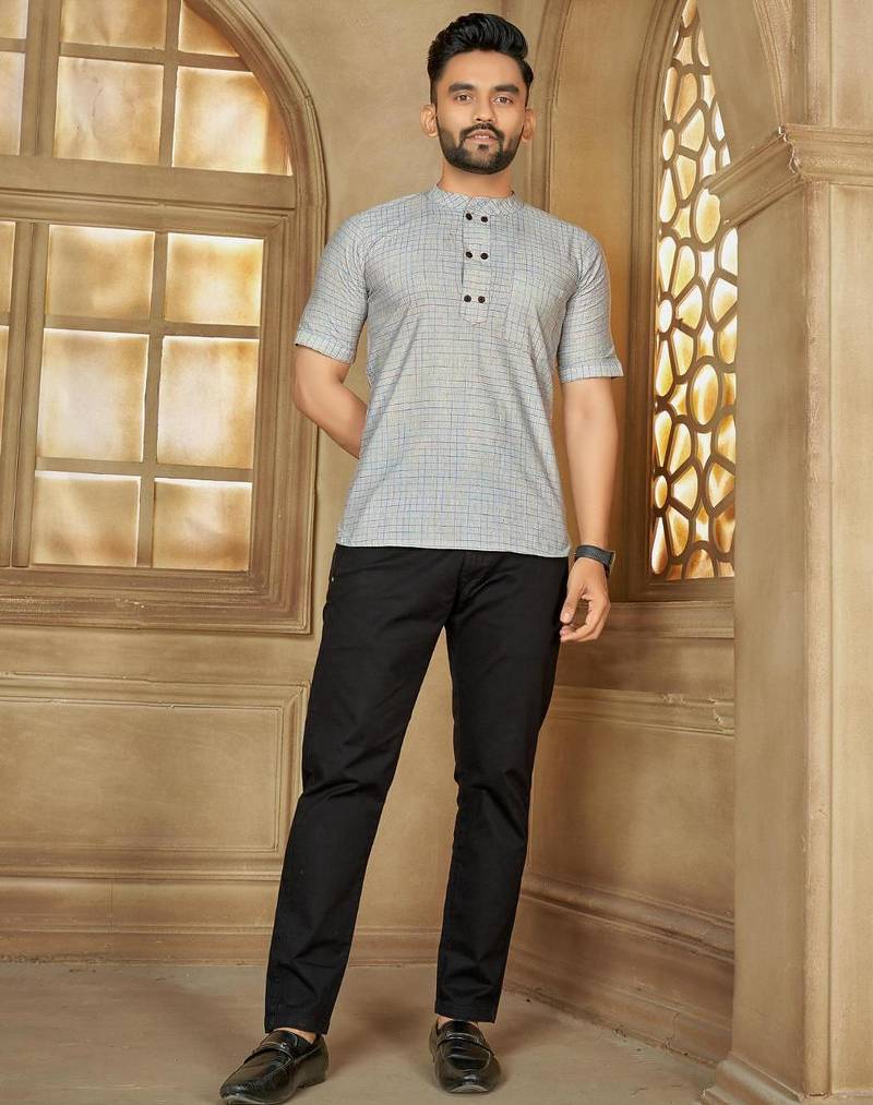 Blue color men's woven cotton short kurta