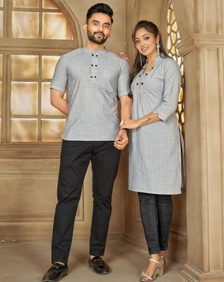 Blue color men's woven cotton short kurta 2
