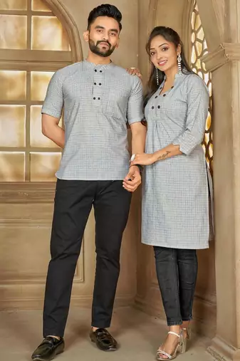 Blue color men's woven cotton short kurta