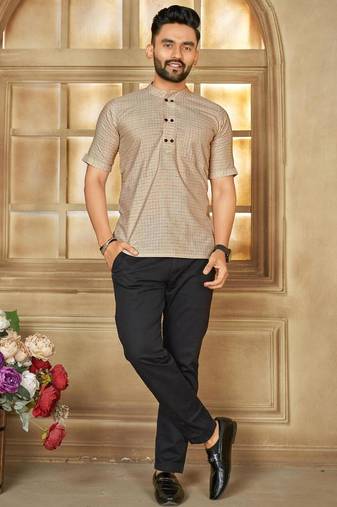 Beige color men's woven cotton short kurta